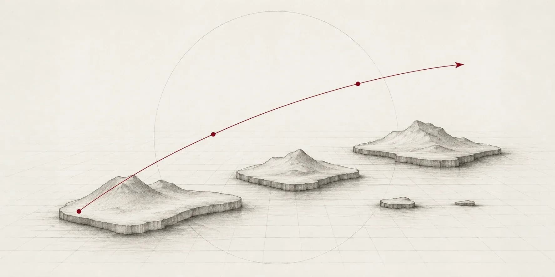 Minimal technical line illustration of a Southeast Asian archipelago with a crimson trajectory arcing upward, evoking regional progress.