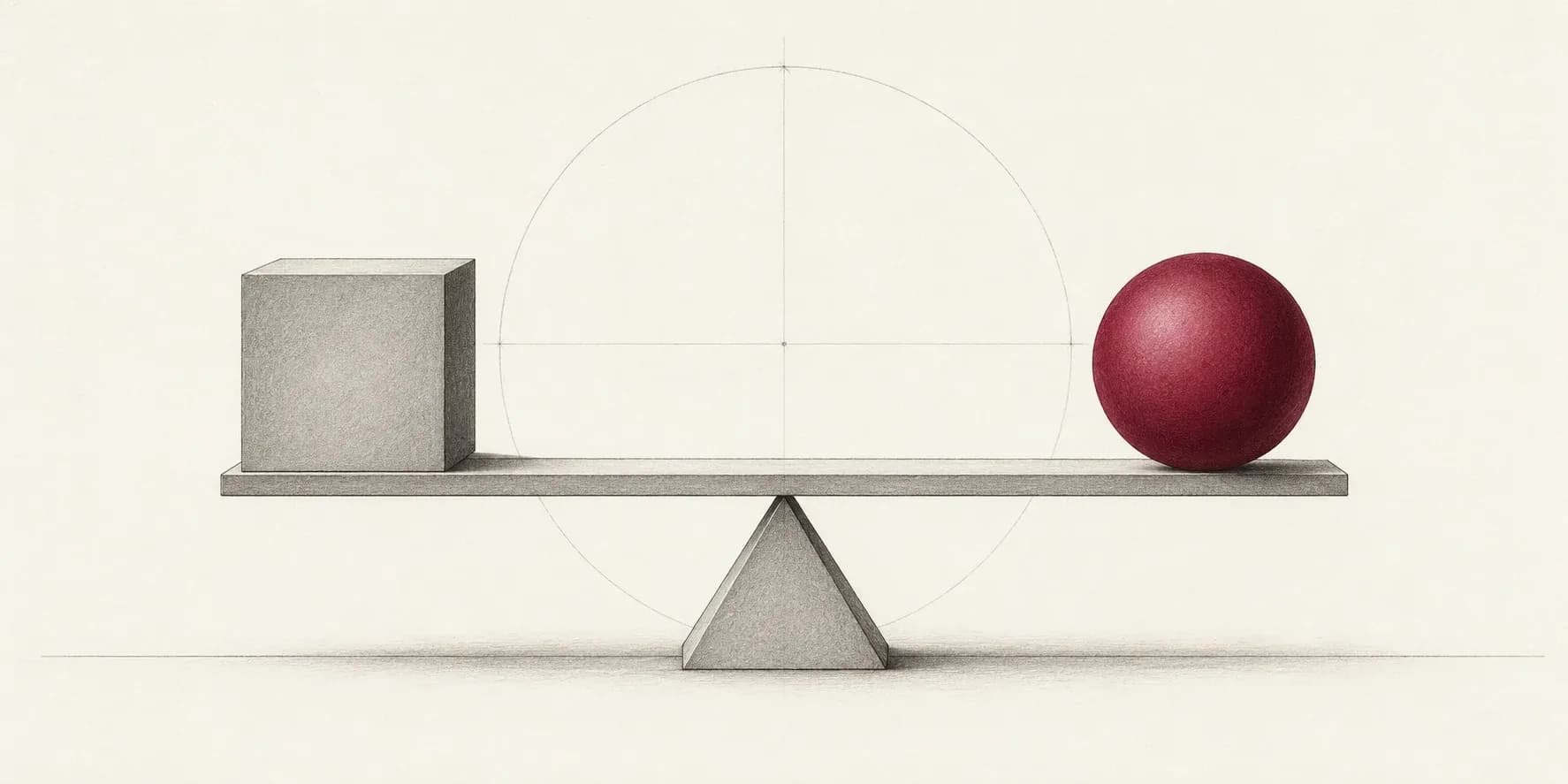 Minimal technical line illustration of a level beam balancing a cube and a crimson sphere on a fulcrum, evoking the GENIUS Act's proposed framework and 1:1 reserve backing for payment stablecoins.