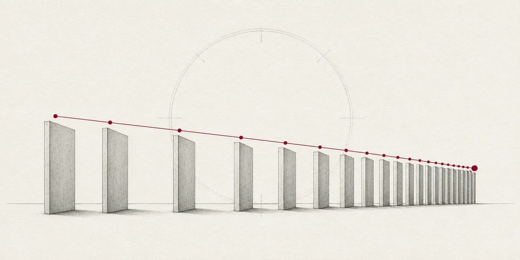 Minimal technical line illustration of upright slabs whose spacing compresses toward a crimson endpoint, evoking settlement time collapsing from hours to seconds.