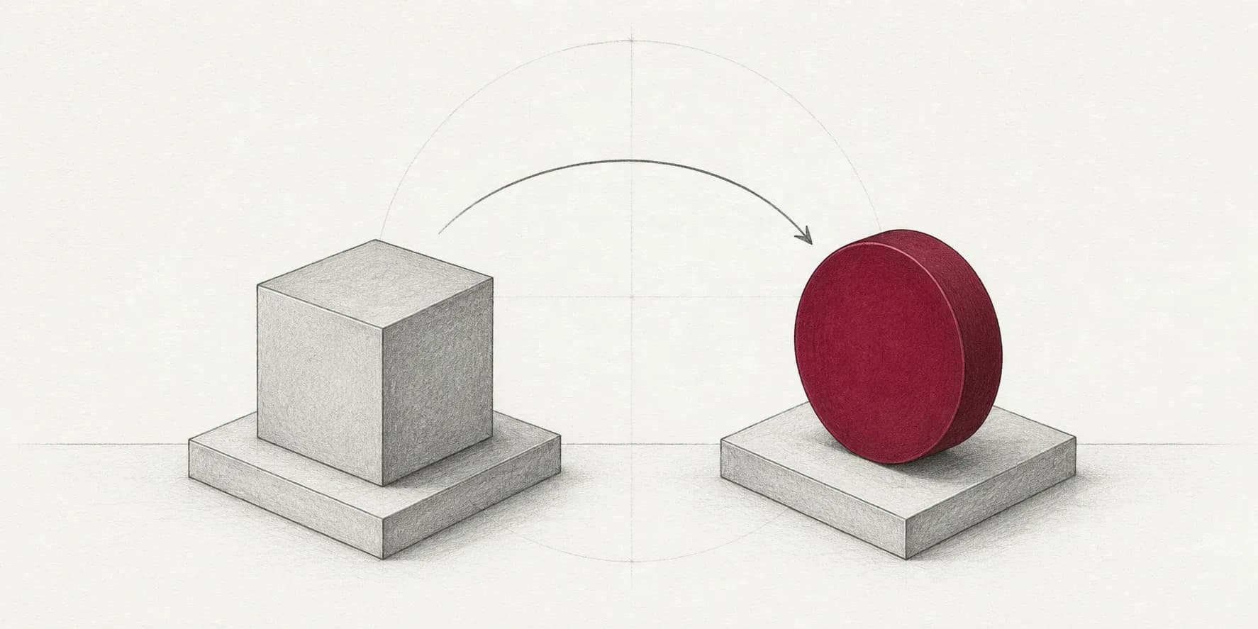 Minimal technical line illustration of a grey cube converting into a crimson token disc, evoking real-world assets being tokenised at production scale.